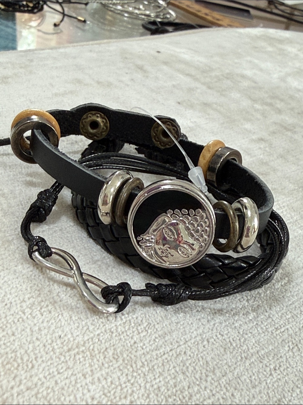 BUDDAH LEATHER UNISEX GROMMET CHARMS 2 SZ BRACELET set